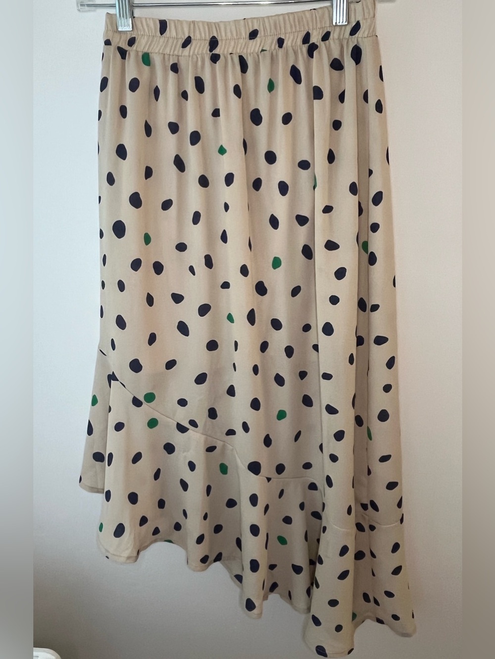 Asymmetric Ruffle Hem Polka Dot Midi Skirt Sz S
